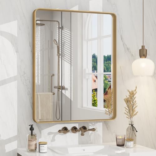 CHARMOR 24x30 Inch Gold Bathroom Vanity Mirror | Rounded Rectangle Gold Mirror, Brushed Gold Brass Frame, Anti-Rust, Shatterproof, Hangs Horizontally or Vertically