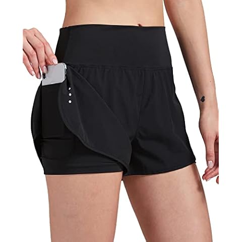 VIGVAN 2 in 1 Laufhose Damen Sport Shorts Sommer Kurze Hose Schnell Trocknend Fitness Shorts Yoga Shorts Gym Jogging Training Sporthose für Damen mit Taschen (Schwarz, M, m) Cover