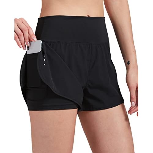 2 in 1 Laufhose Damen Sport Shorts Sommer Kurze Hose Schnelltrocknend Fitness Yoga Shorts Gym Jogging Training Sporthose für Damen mit Taschen