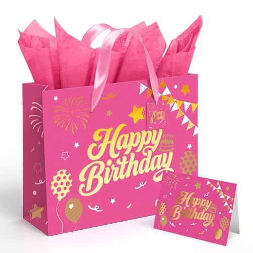 13 Pink Birthday Gift Bag with Tissue Paper and Greeting Card Happy Birthday Gift Bags for Party Hot Foil Stamping Design Gift Wrap Bags Decor for Women and Kids 1 PCS Medium Size
