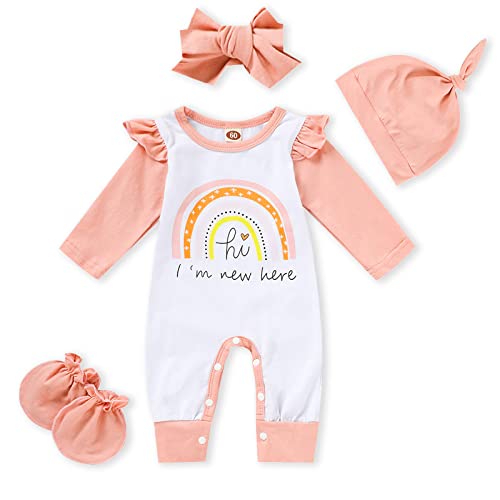Image of GRNSHTS Newborn Baby Girl Romper Infant Letter Print Bodysuit Jumpsuit+Hat+Headband+Gloves Coming Home Clothes Outfit I'm New Here 1-3 Months
