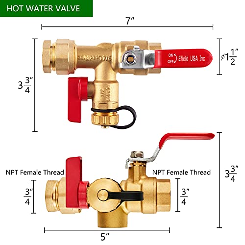 3/4 inch EFIELD IPS Isolator Tankless Water Heater Service Valve Kit, with Pressure Relief Valve - Thumbnail 7
