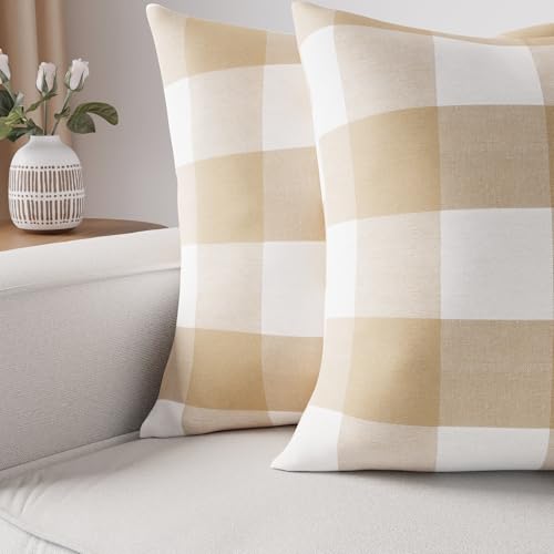 Image of Encasa XO Farmhouse Throw Pillow Covers Set of 2 (20x20 in) Buffalo Beige Checks | Decorative Cushion Covers No Inserts | Plaid and Stripes Pillow Covers for Living Room, Couch