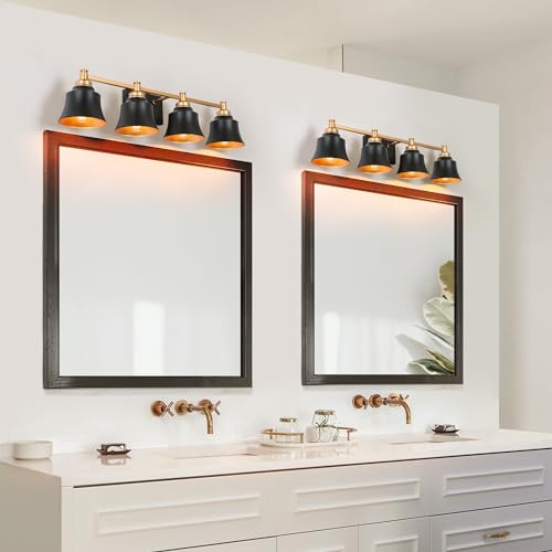 Image of KSANA Bathroom Light Fixtures, 4 Light Black and Gold Powder Room Wall Lights Over Mirror, 30 Inch Modern Farmhouse Metal Vanity Lights