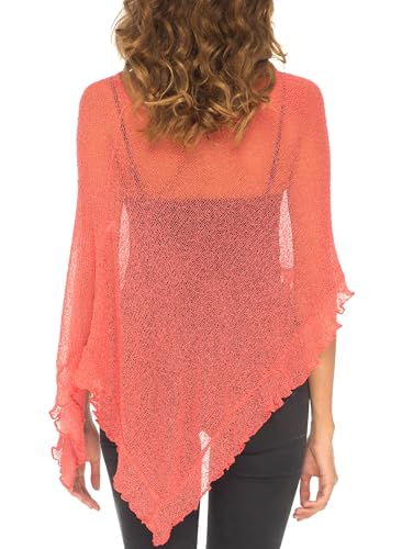 Image of SHU-SHI Women's Sheer Knit Poncho Shrug Lightweight Asymmetrical Ruffle Wrap Dressy Summer Shawl Cover Up Top