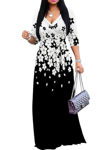 Image of Plus Size Dresses for Women Floral Print Maxi Dress Flowy 3 /4 Sleeve with Belt