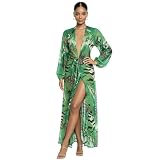 IwannaCos Women's Green Dress Costume Sexy Sheer Deep V-Neck Leopard Tropical Print Club Party Dresses，Green：Small