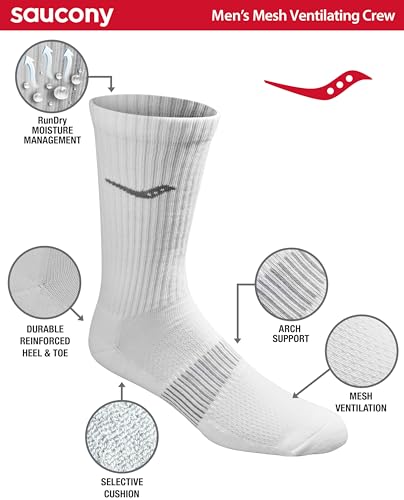 Saucony Meias masculinas de malha ventilada com ajuste confortável, Branco (6 pares), Shoe Size: 13-