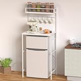 Skcoipsra Mini Fridge Shelf with Storage, 2-Tier Microwave Stand, Coffee Bar Station, Bakers Rack with Storage with 5 Hooks for Kitchen Living Room, Offices, Dorm, White