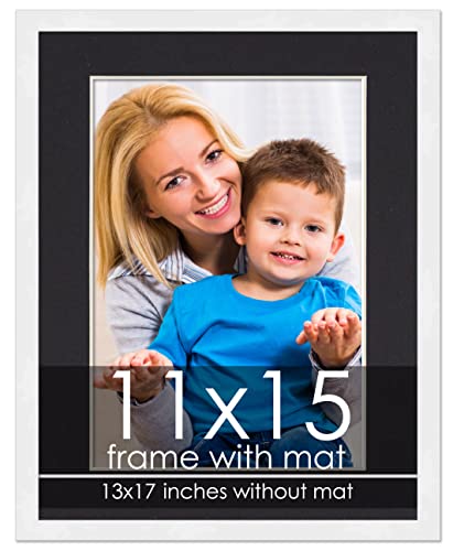 11x15 Frame with Mat - White 13x17 Frame Wood Made to Display Print or Poster Measuring 11 x 15 Inches with Black Photo Mat