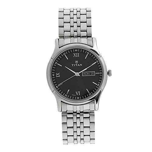 Titan Karishma Quartz Analog with Day and Date Black Dial Silver Stainless Steel Strap Watch for Men - NT1636SM01
