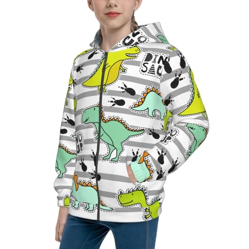 Funny Dinosaurs on Stripes Kid Hoodies Boys Zip Up Sweatshirts Girls Pullover with Pocket