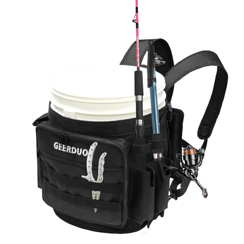 GeerDuo Fishing Bucket Backpack with Rod & Plier Holder and Pockets for Fishing, Hunting, Apple Picking for 5 Gallon Bucket (Black)