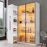 BXEYXE Multifunktionsschrank 110,5×35×160 cm - Vitrine mit Glastür und LED, Seitenauszug, Rollschrank – Hochschrank im französischen Stil, Bücherregal,Vitrine, Badezimmerschrank, Esszimmerschrank