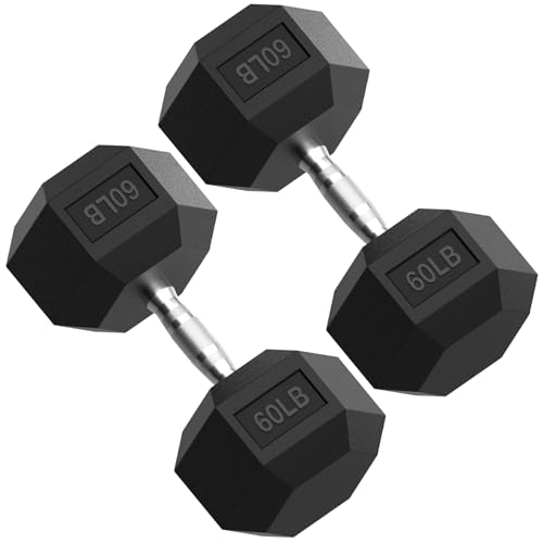 PAPABABE Dumbbells Weights Rubber Encased Hex Dumbbell sets for Strength Training, Exercise & Fitness Durable Free Weight for Home Gym(60lb Pair)