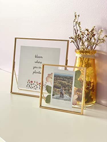 Beedecor Double Glass Frame For Pressed Flowers, Leaf And Artwork - Gold 4X4 Standing Square Metal Picture Frames, Tabletop Clear Floating Pressed Glass Frame, Home Decor Photo Display, Set Of 2 Pressed Flower Frames With Stand (Gold, 4X4) #TOP7