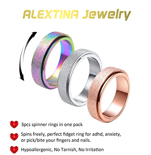 ALEXTINA 3Pcs Spinner Ring Anxiety Ring for Women Fidget Rings - 6mm Sandblast Glitter Finish Stainless Steel Rings for Anxiety Stress Relief, Size 4