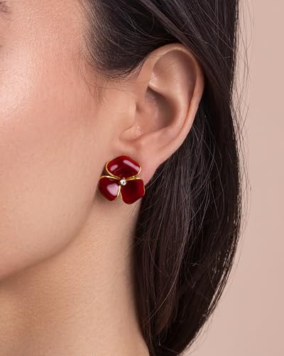 Gold Dainty Chunky Maroon Enamel CZ Floral Statement Earrings for Women by SNGIA, Modern Summer Beach Floral Handmade Drop Jewelry, Cherry Maximalist Wedding Date Birthday Gift, Bold Exaggerated Wine Stud Trendy Jewelry, Golden Colorful Fashion Accessories, Vintage Hammered Thick Nickle Free Gifts.4