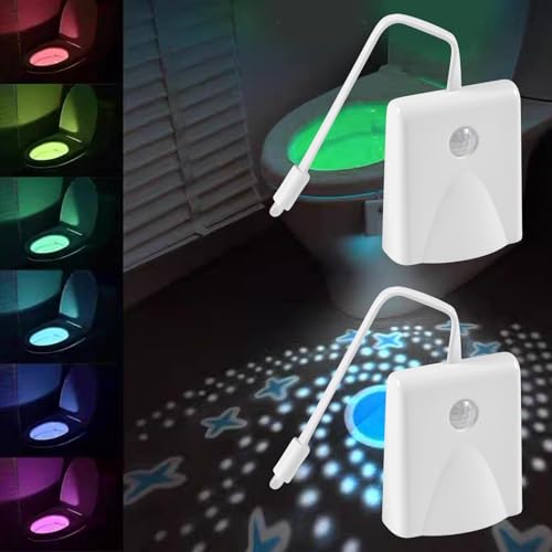 Funmo 2 piezas de luz de inodoro con proyector, luz nocturna de inodoro con sensor de movimiento, luz de inodoro que cambia de color, luz LED impermeable recargable para el baño de los niños en casa