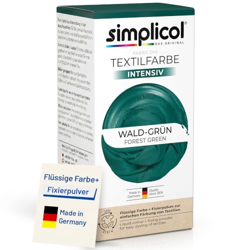 simplicol Textilfarbe intensiv Wald-Grün 1er Pack | Textilfarbe Waschmaschinenfest | Flüssige Farbe & Fixierpulver mit Salz | Stofffarbe zum Neufärben, Umfärben & Auffrischen