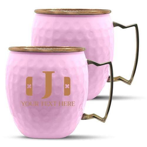 Custom Copper Moscow Mule with Hammered Painted Finish - Engraved Bar Style 100% Copper Cup with Personalized Switch Controller Monogram Gamer Themed Engraving, Brass Handle | 18 oz, Pink | Set of 2