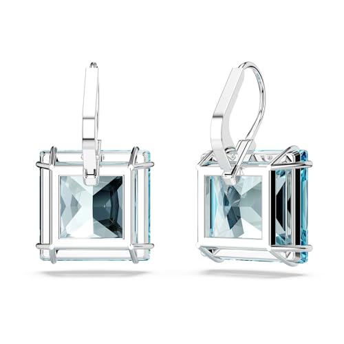 Swarovski Millenia Earrings, Square cut crystal, Blue, Rhodium plated4