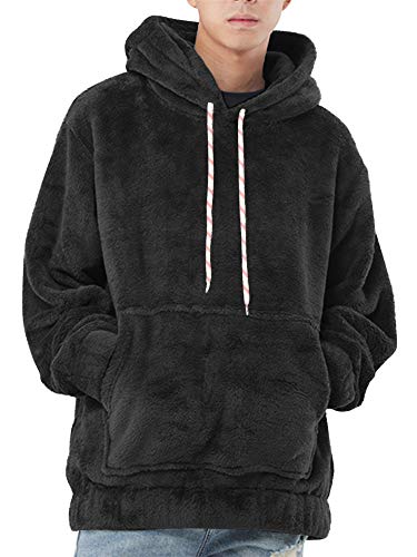 Runcati Mens Fuzzy Sherpa Pullover Fleece Hoodie Sweatshirts Long Sleeve Fluffy Front Pocket Fall Outwear Winter Hooded Black