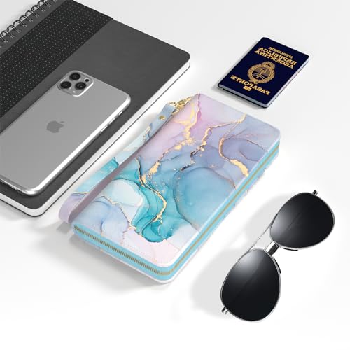 Image of Nipichsha Womens Wallet, RFID Wristlet Wallet for Women, Cute Ladies Purse, Large Credit Card Clutch Wallets with Zipper & Phone Holder, Colorful Ink Marble, Marble