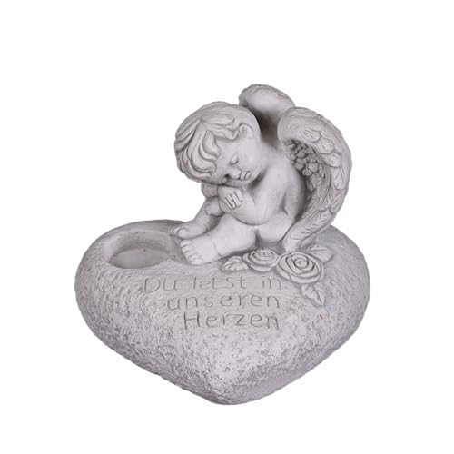 gartendekoparadies.de Steinfigur Herz mit Engel für Grab, Grabdekoration aus Weißbeton, 26 x 30 x 26 cm, 14 kg, Grau, frostsicher für Außenbereich