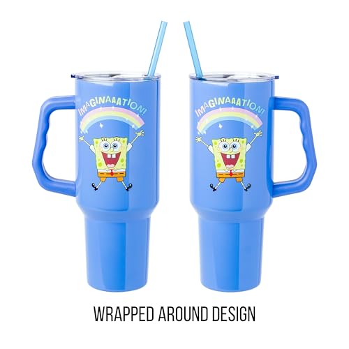 Silver Buffalo SpongeBob SquarePants “Imaginaaation!” Stainless Steel Tumbler with Handle, Fits in Standard Cup Holder, 40 Ounces image 5