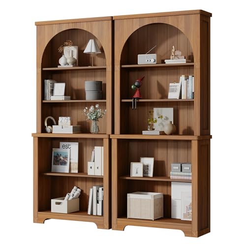 Janmer Home 71'' Tall Arched Bookshelf, Mid Century Modern Curved Bookcase with 5-Tier Storage Shelves, Freestanding Open Display Shelf for Home Office, Living Room (Walnut, 2PC)