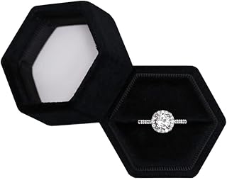 Hexagon Velvet Jewelry Single Slot Ring Box Engagement Wedding Box Keepsake Box Bridal Photo Ring (Black)