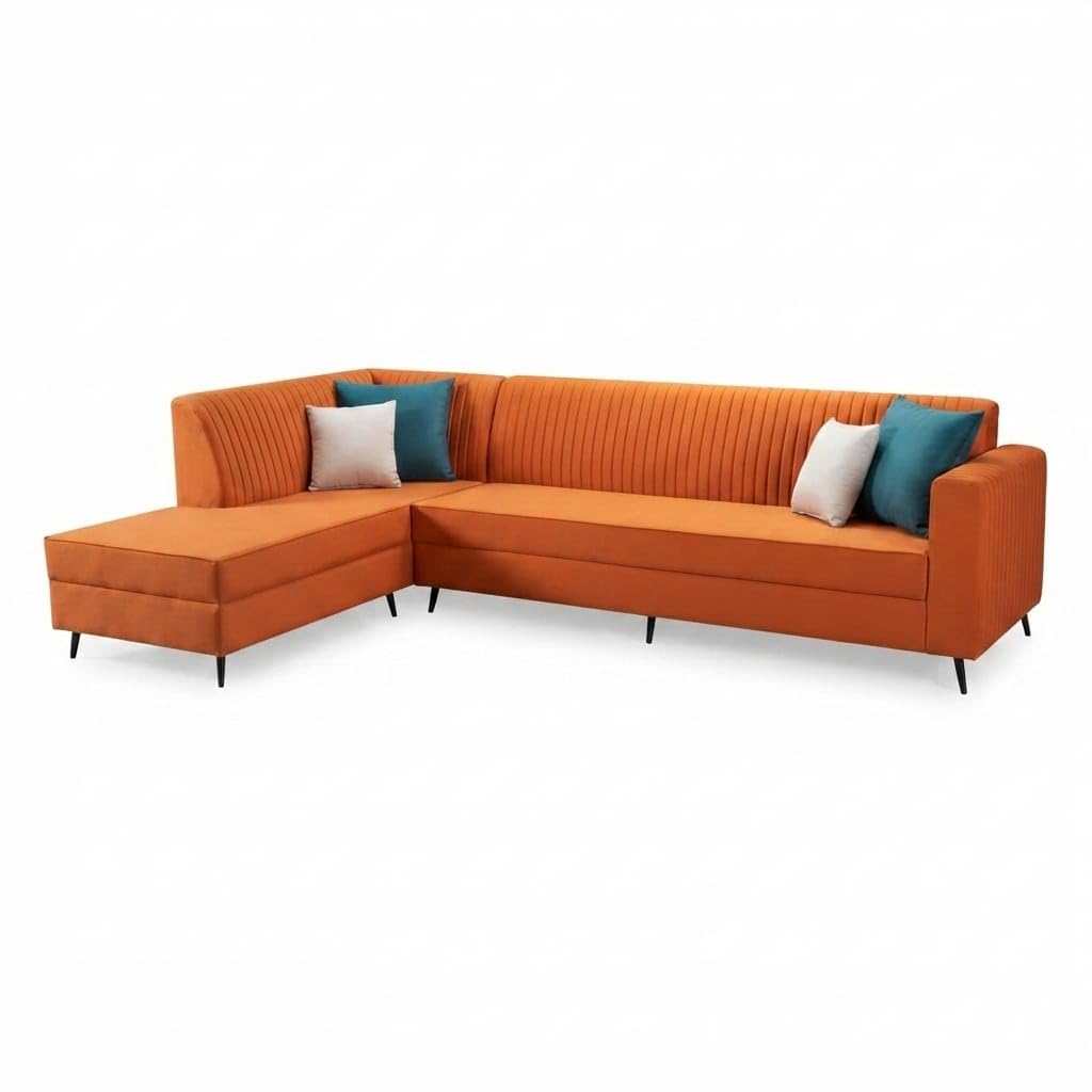 Orange L Shape Corner Sofa with Channel Tufted Back Cushions for Family Seating, Stylish Seating Solution for Home Interiors, Housewarming and Living Room Makeovers-image-43