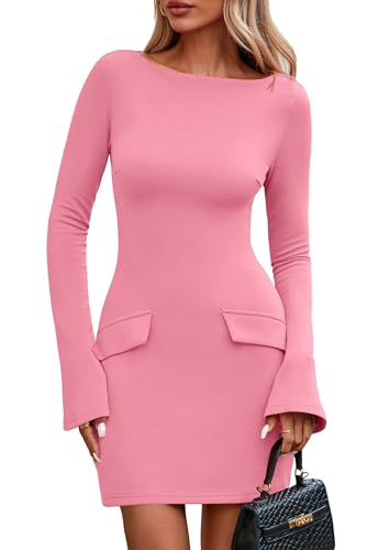 Image of PRETTYGARDEN Womens Fall Long Sleeve Mini Dress 2025 Trendy Boat Neck Bodycon Knit Elegant Short Party Formal Dresses