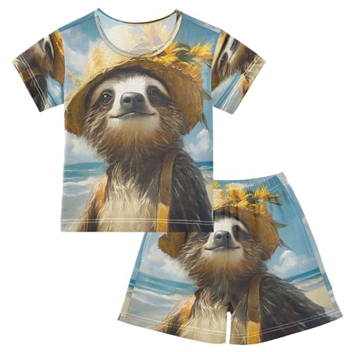 ALAZA Cute Sloth Ocean Beach Pajamas Set Short Sleeve Cotton Sleepwear Summer Pjs 2 Piece 5-14Y