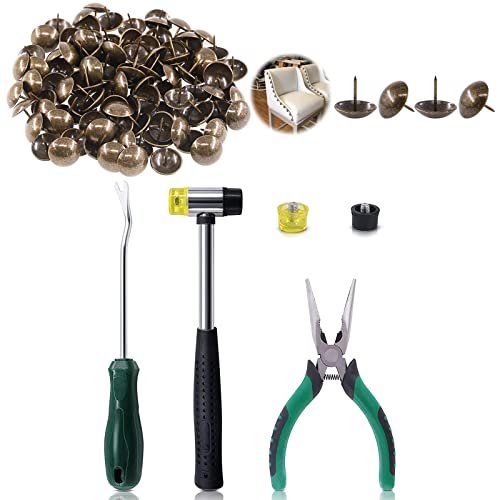 Keadic 105Pcs 1 inch Antique Upholstery Tacks Nails Pins Tools Set,Double-Faced Mallet with 2 Replacement Rubber Heads, Staple Lifter and Removal Pliers for DIY Projects - Bronze