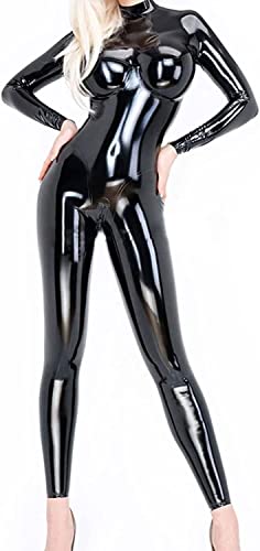 Combinaison femme cuir verni stretch moulante avec fermeture éclair intégrale et manches longues