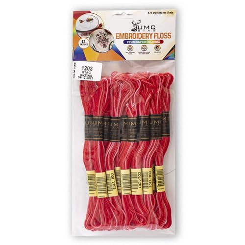 Image of Pack of 12 Premium Embroidery Thread | 100% Egyptian Cotton Premium Skeins | Cross Stitch Embroidery Floss | Oeko TEX Certified | Ideal for Arts & Crafts (Red Variegated 1203)