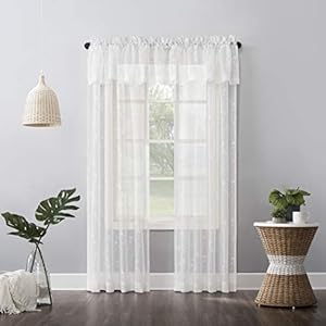 No 918 Delia Embroidered Floral Sheer Rod Pocket Curtain Valance 50 x 17 Ivory Off White