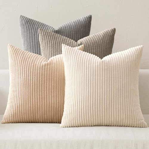 Image of MIULEE Boho Farmhouse Neutral Cream Throw Pillow Covers 20x20 Inch Set of 4 Mordern Nordic Cushion Covers Soft Corduroy Spring Home Decor for Couch Bed Sofa Living Room