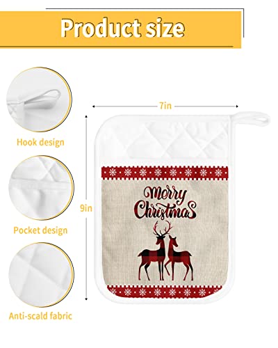 Merry Christmas Reindeer Pot Holders With Pocket For Kitchen, Heat-Resistant Potholders Set Of 2, Hot Pads Oven Mitts With Hanging Loops For Home Cooking Baking Microwave, Buffalo Check #TOP2