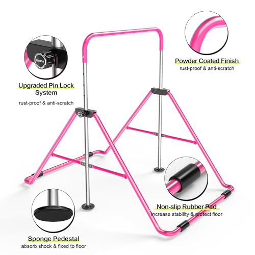 Safly Fun Gymnastics Bar for Kids 3-9, Foldable & Adjustable 35"-51", Supports 140Lbs with Pad, Easy to Assemble, Gymnastics Equipment for Indoor/Outdoor Training