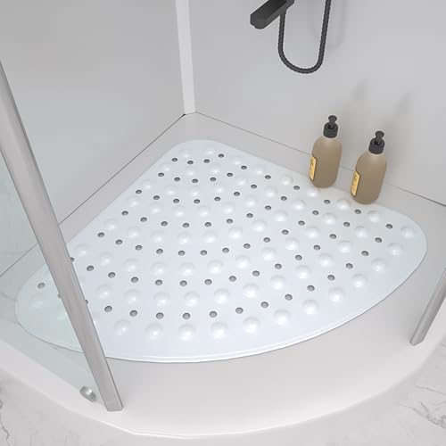 KOVOSCH Corner Non-Slip Anti-Mould Shower Mat, 54*54 Quadrant for Inside Bath, Curved for Shower or Tub, Safety Mat With Drain Hole, Machine Washable Antibacterial (White, 54*54 cm)