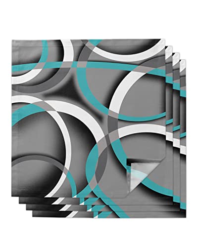 Teal Geometric Cloth Napkins Set Of 4, Grey White Round Abstract Art Modern Dinner Napkins Cloth Washable, Cocktail Napkins Reusable For Wedding, Party, Birthday (20"X20") #TOP5