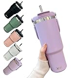 KONARO タンブラー 600ml/900ml 大容量 水筒 ストロー付き ウォーターボトル 蓋付き 真空断熱 保温 保冷 ステンレスボトル 広口 直飲み 二重構造 アウトドア 取っ手付き 持ち運び こぼれない,900ml紫