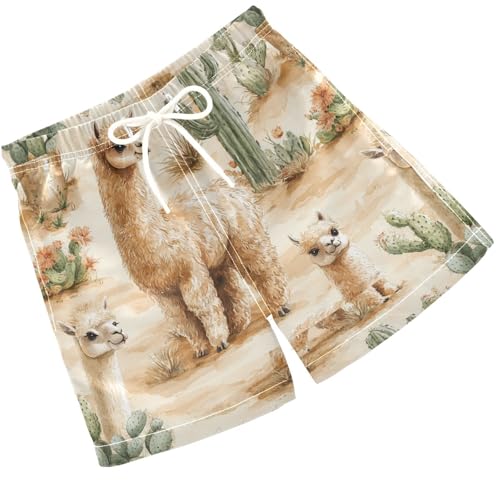 Pigsaly Boys' Swim Board Shorts Watercolor Green Cacti Desert Llama Brown Alpacas Boy's Swim Trunks Kids Swimwear 3T