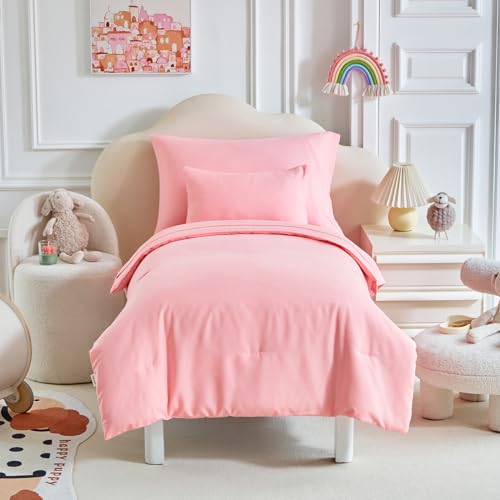 Image of Kids Comforter Sheet Set - Soft and Breathable Bed Set Includes Quilted Comforter, Fitted Sheet, Flat Top Sheet, Pillowcase and Toddler Pillowcase for Toddler - 5 Pieces Toddler Bedding Set Pink