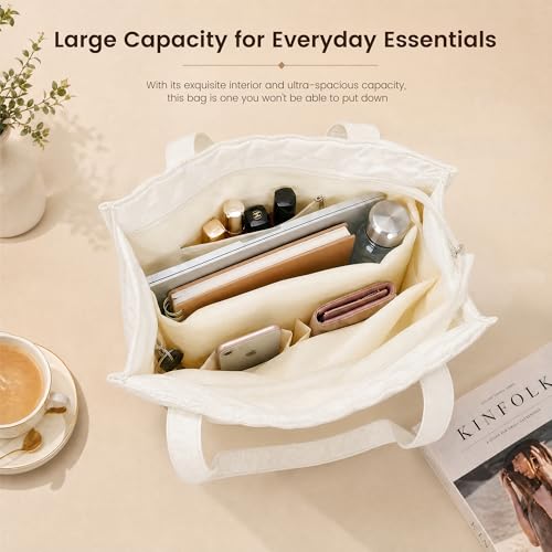 Image of Tote Bag for Women, Lightweight Quilted Puffer Tote Bag with Compartments, Spacious Work Shoulder Bag with Zipper for Travel