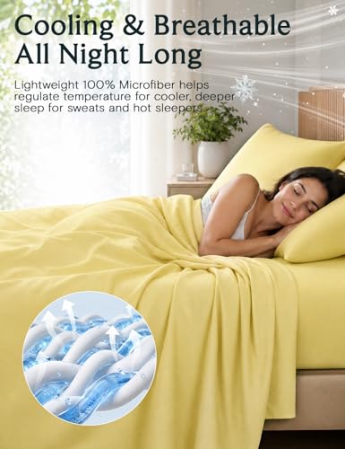 Image of LuxClub California King Sheets Sets, Deep Pocket Cal King Sheet Bed Sheets 4PC, Cooling Sheet Cal King Size, Soft Breathable Hotel Bedding, Silky Fitted Sheet & Pillowcase Sets, Lemon Yellow