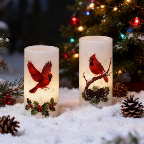 Image of Eldnacele Christmas Cardinal Flameless Candles Battery Operated with Remote and Timer Real Wax Flickering LED Pillar Candles Winter Holiday Indoor Decor(2 Pack, 3 inch D x 6 inch H)